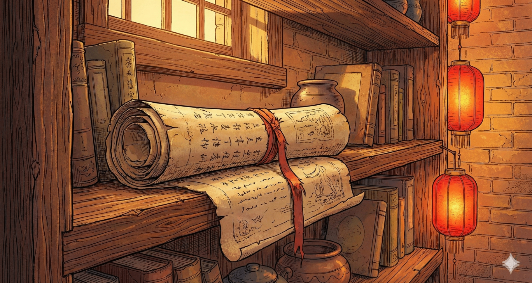 Ancient Chinese scrolls with calligraphy and red lanterns